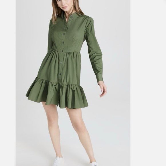 VERONICA BEARD Delbie Dress Womens Size 0 Army Green‎ Button Ruffle Long Sleeve - Picture 1 of 16